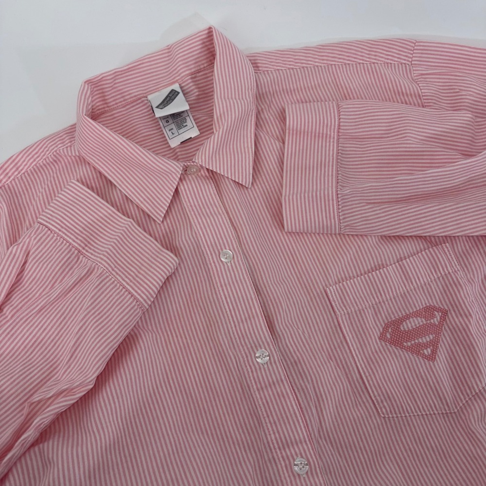 Warner Bros‎ Studio Store Superman Pink Striped Button Down Shirt Women's Large